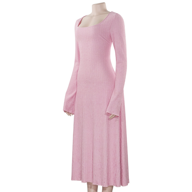 Solid Color Square Neck Long Sleeve Fitted Dress with Waist Tie