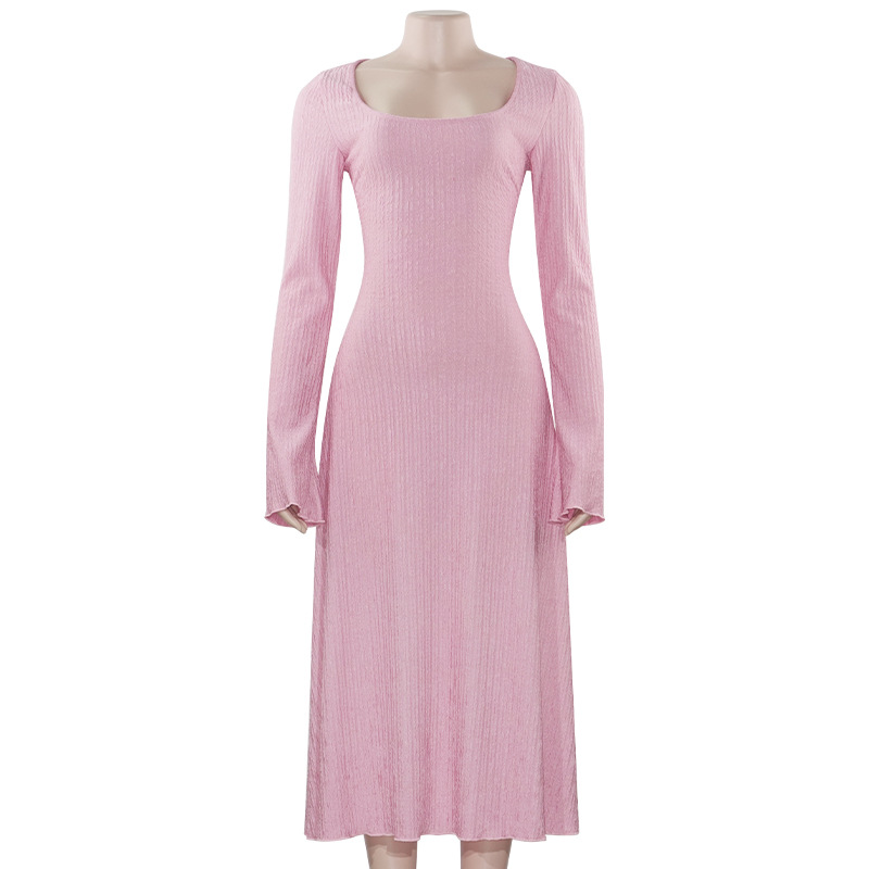 Solid Color Square Neck Long Sleeve Fitted Dress with Waist Tie