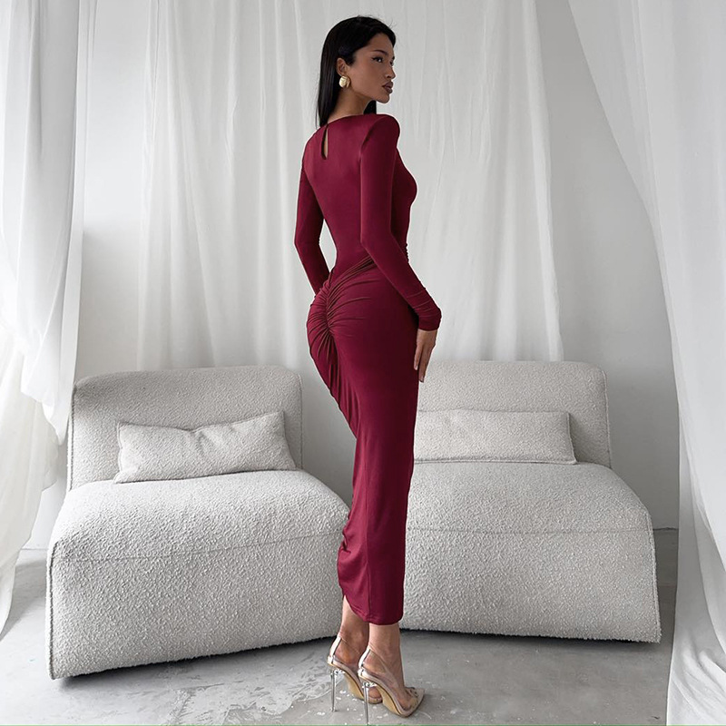 Solid Color Crew Neck Long Sleeve Fitted Maxi Dress with Ruched Waist 