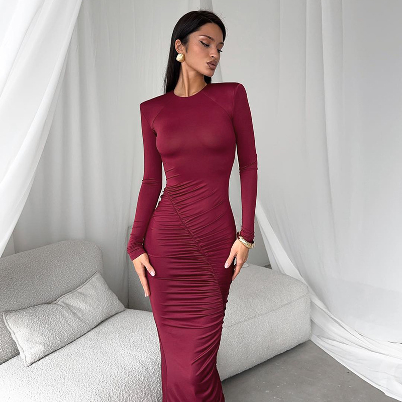 Solid Color Crew Neck Long Sleeve Fitted Maxi Dress with Ruched Waist 