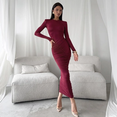 Solid Color Crew Neck Long Sleeve Fitted Maxi Dress with Ruched Waist  02