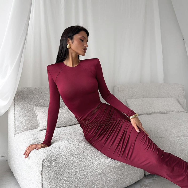 Solid Color Crew Neck Long Sleeve Fitted Maxi Dress with Ruched Waist 