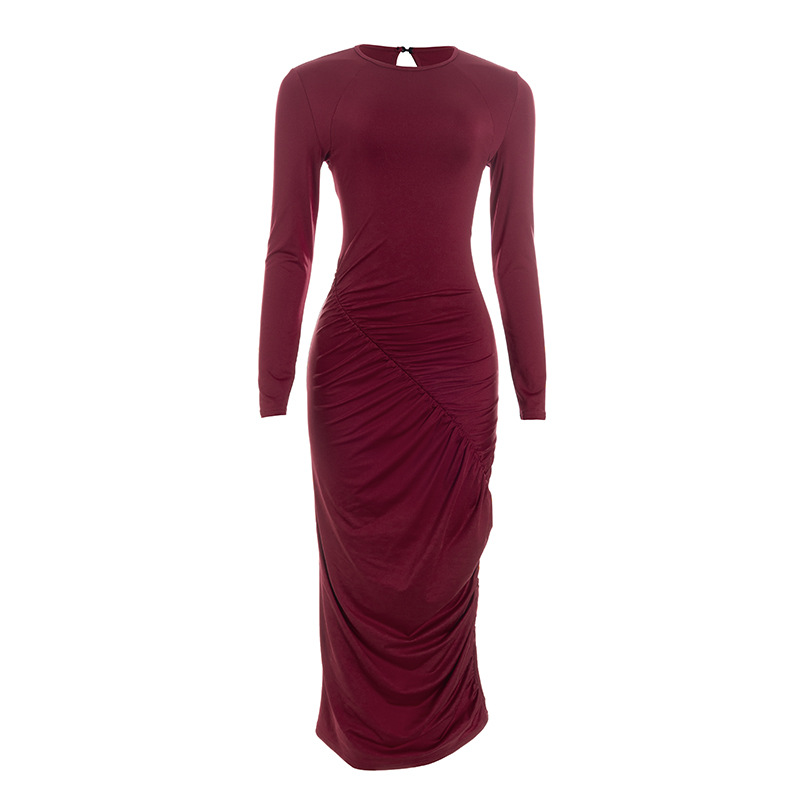 Solid Color Crew Neck Long Sleeve Fitted Maxi Dress with Ruched Waist 