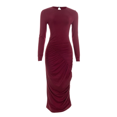 Solid Color Crew Neck Long Sleeve Fitted Maxi Dress with Ruched Waist  01