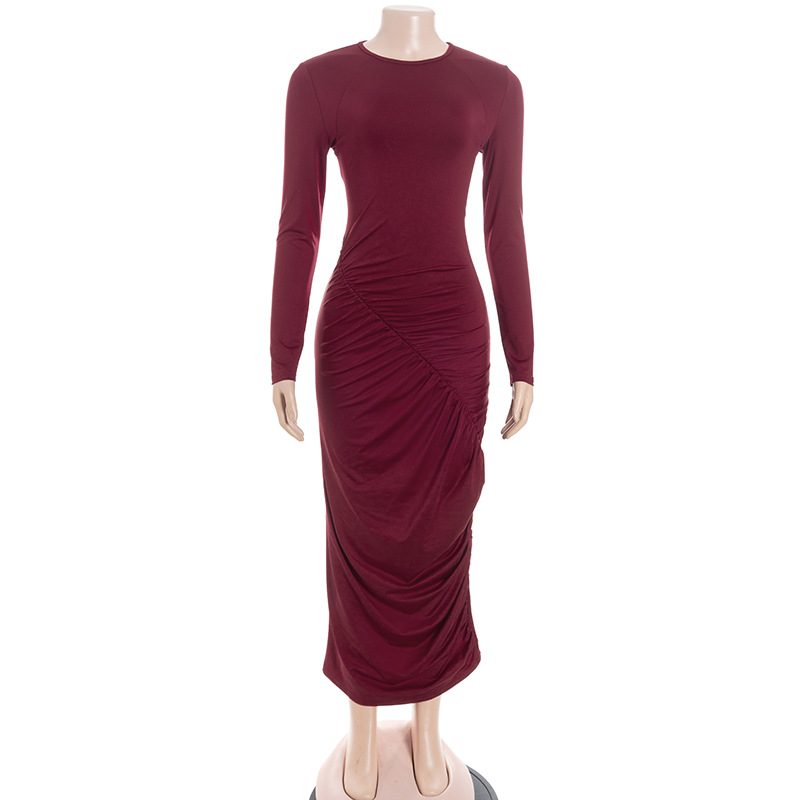 Solid Color Crew Neck Long Sleeve Fitted Maxi Dress with Ruched Waist 