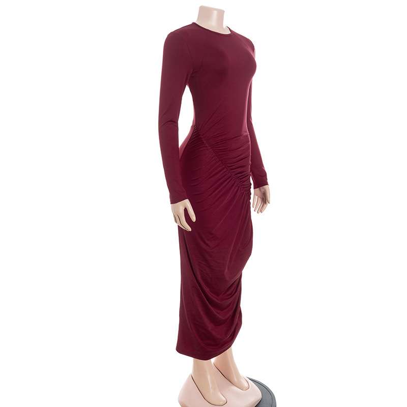 Solid Color Crew Neck Long Sleeve Fitted Maxi Dress with Ruched Waist 