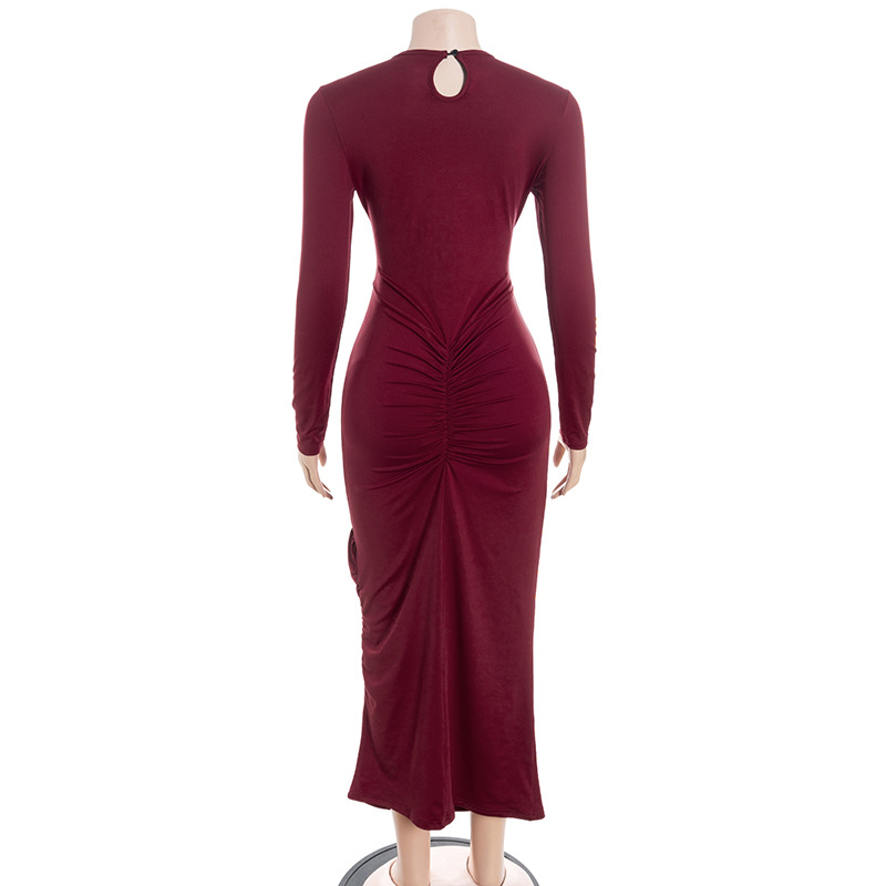 Solid Color Crew Neck Long Sleeve Fitted Maxi Dress with Ruched Waist 