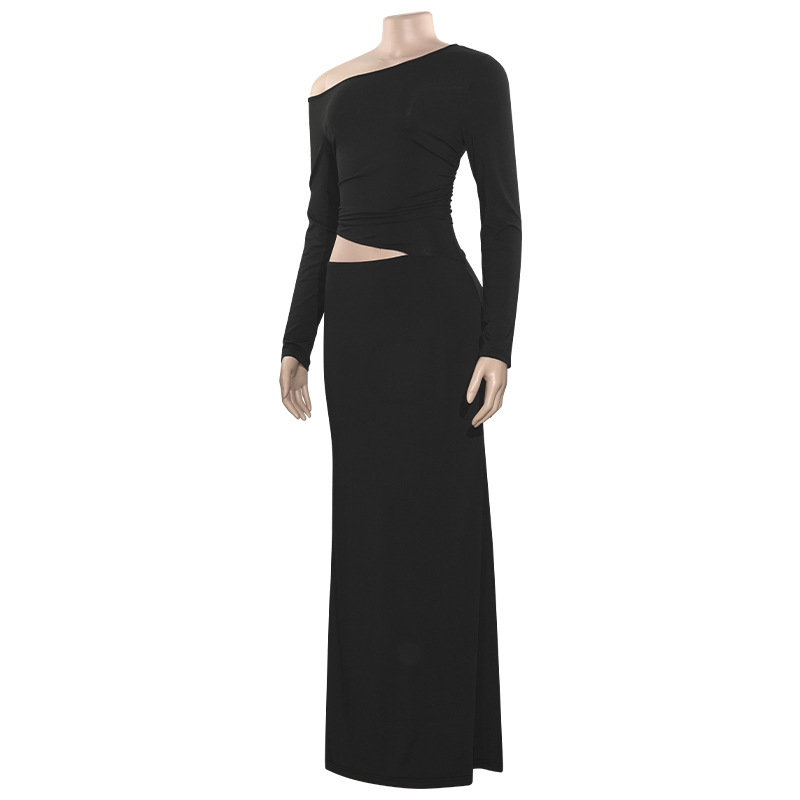 Solid Color One-Shoulder Long Sleeve Crop Maxi Dress