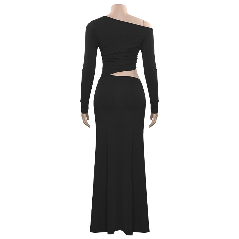 Solid Color One-Shoulder Long Sleeve Crop Maxi Dress