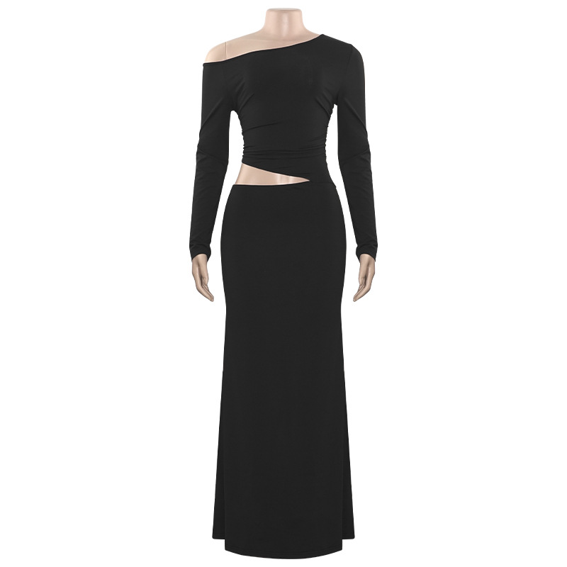 Solid Color One-Shoulder Long Sleeve Crop Maxi Dress