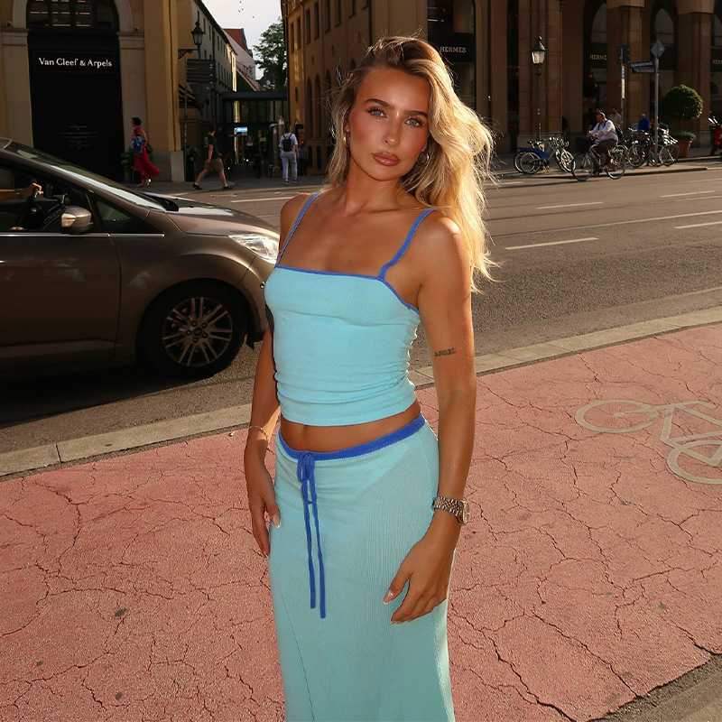 Solid Color Sleeveless Crop Top & High-Waisted Maxi Skirt Set