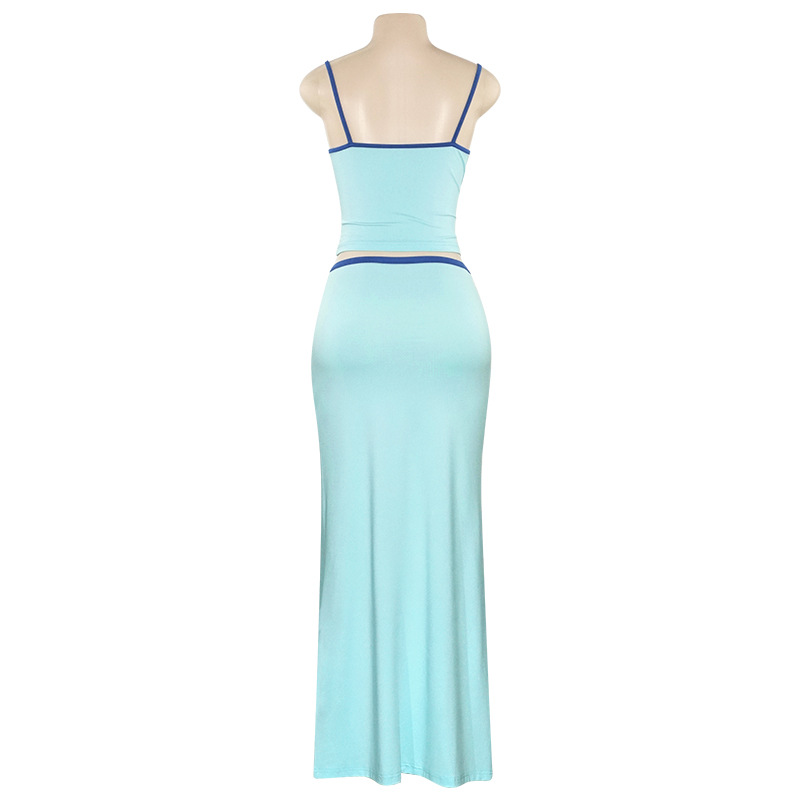 Solid Color Sleeveless Crop Top & High-Waisted Maxi Skirt Set