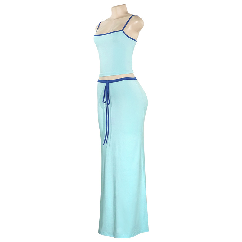 Solid Color Sleeveless Crop Top & High-Waisted Maxi Skirt Set