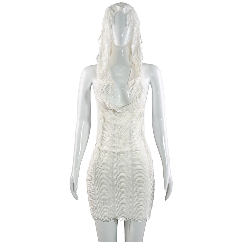 Solid Color Sleeveless Hooded Bodycon Mini Dress with Fringe