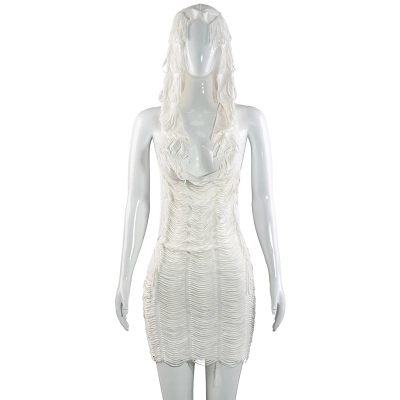 Solid Color Sleeveless Hooded Bodycon Mini Dress with Fringe 01