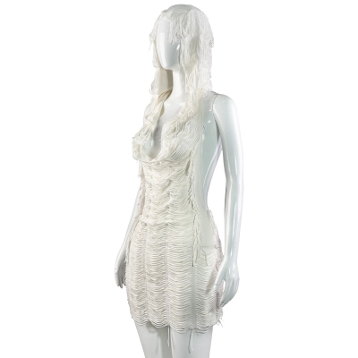 Solid Color Sleeveless Hooded Bodycon Mini Dress with Fringe 02