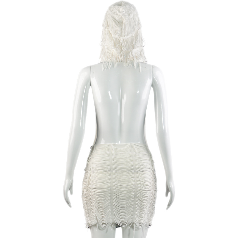 Solid Color Sleeveless Hooded Bodycon Mini Dress with Fringe