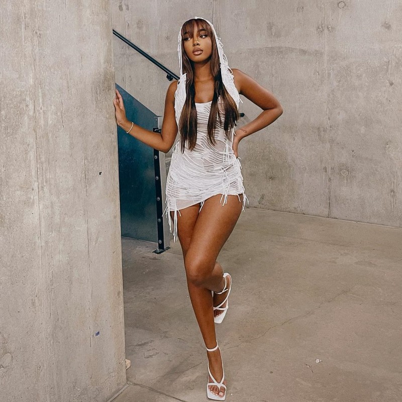 Solid Color Sleeveless Hooded Bodycon Mini Dress with Fringe