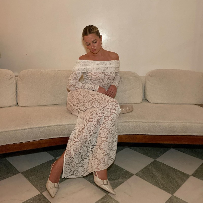 Solid Color Off-Shoulder Crop Top & Long Sleeve Lace-Trim Maxi Skirt Set