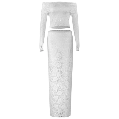Solid Color Off-Shoulder Crop Top & Long Sleeve Lace-Trim Maxi Skirt Set 01