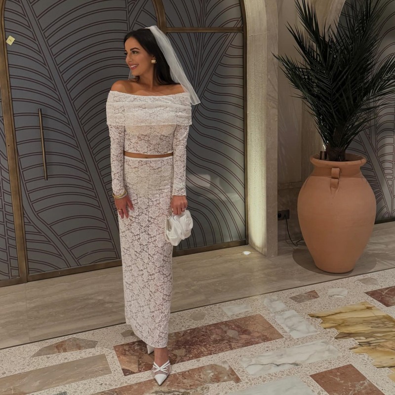 Solid Color Off-Shoulder Crop Top & Long Sleeve Lace-Trim Maxi Skirt Set