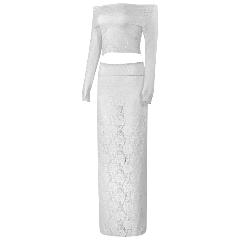 Solid Color Off-Shoulder Crop Top & Long Sleeve Lace-Trim Maxi Skirt Set