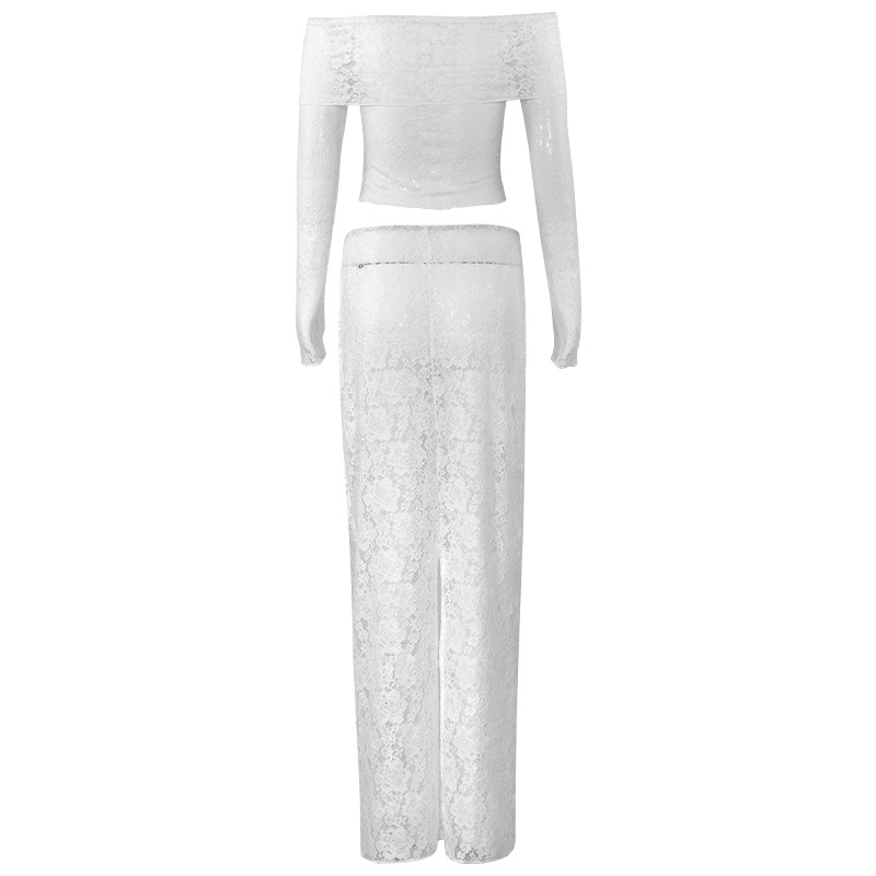 Solid Color Off-Shoulder Crop Top & Long Sleeve Lace-Trim Maxi Skirt Set