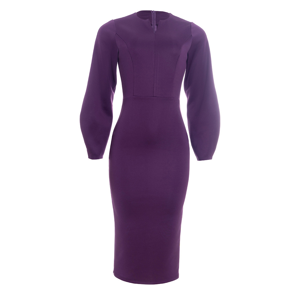 Solid Color Notched Collar Long Sleeve Fitted Midi Dress with Puff Sleeves
