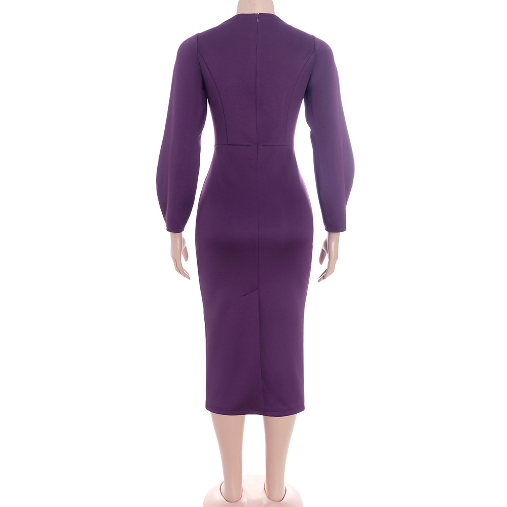 Solid Color Notched Collar Long Sleeve Fitted Midi Dress with Puff Sleeves