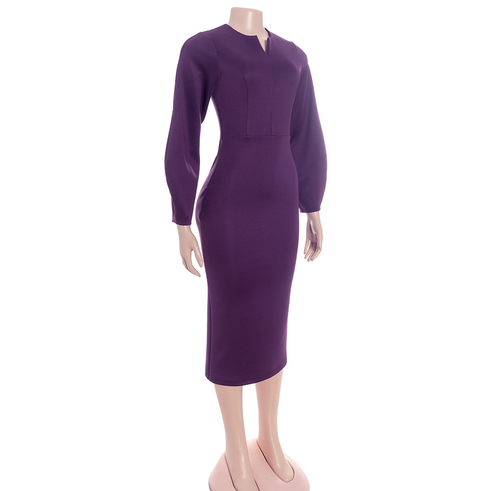 Solid Color Notched Collar Long Sleeve Fitted Midi Dress with Puff Sleeves