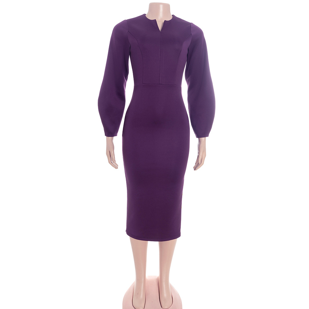 Solid Color Notched Collar Long Sleeve Fitted Midi Dress with Puff Sleeves