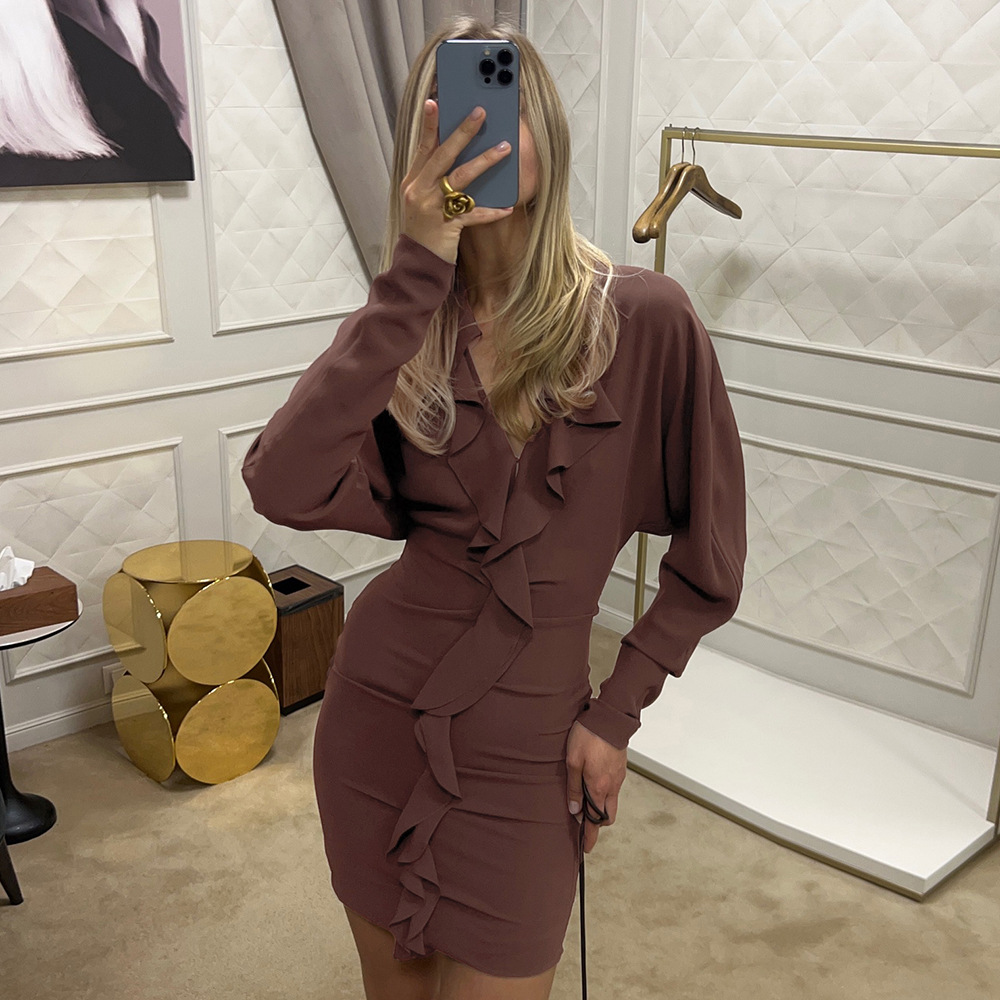 Solid Color Deep V-Neck Long Sleeve Bodycon Mini Dress with Ruffle Detail