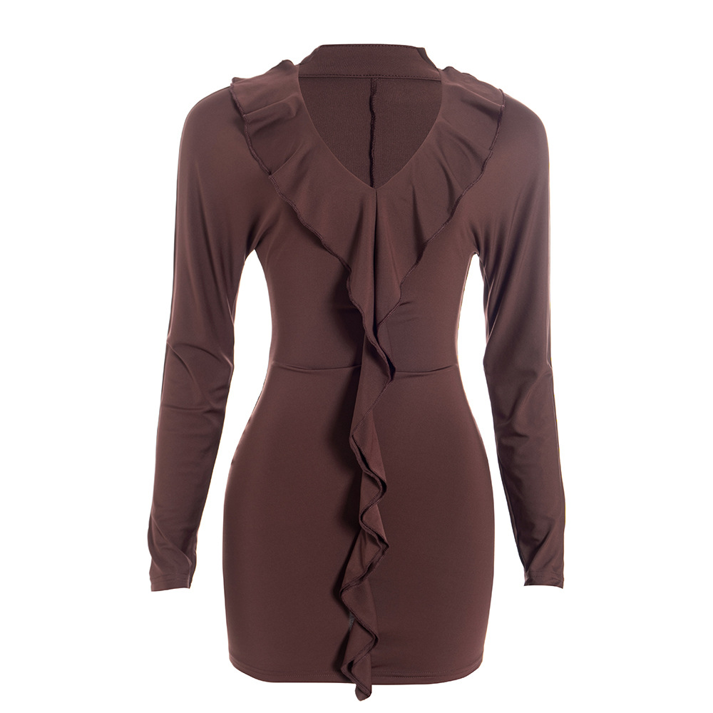 Solid Color Deep V-Neck Long Sleeve Bodycon Mini Dress with Ruffle Detail