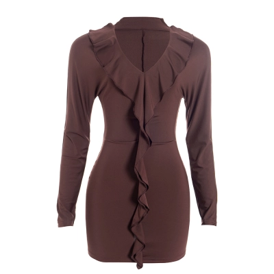 Solid Color Deep V-Neck Long Sleeve Bodycon Mini Dress with Ruffle Detail 01