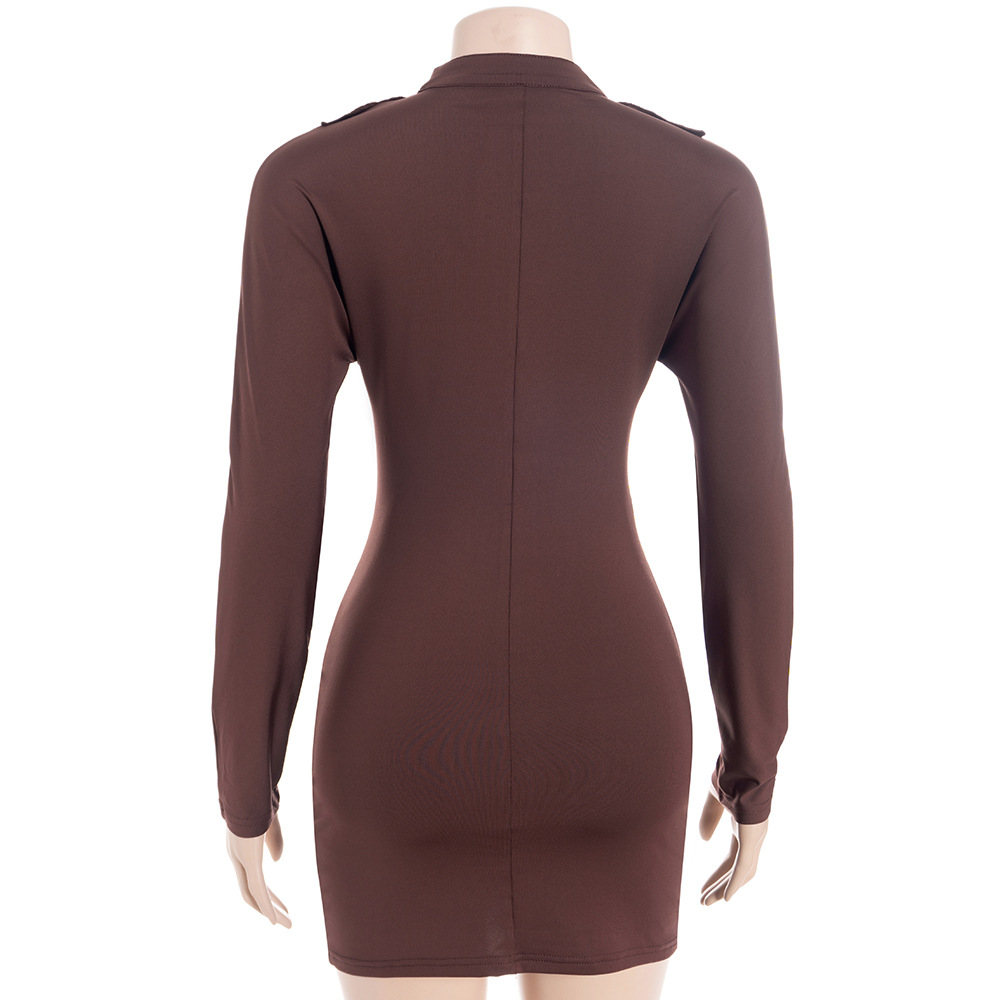 Solid Color Deep V-Neck Long Sleeve Bodycon Mini Dress with Ruffle Detail