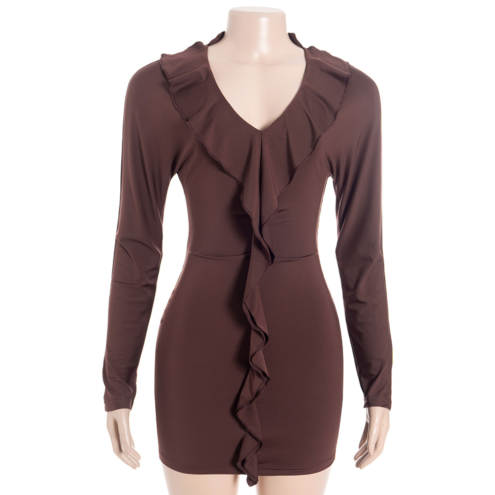 Solid Color Deep V-Neck Long Sleeve Bodycon Mini Dress with Ruffle Detail
