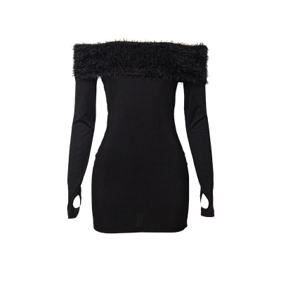 Solid Color Long Sleeve Off-Shoulder Mini Dress with Faux Fur Trim 01