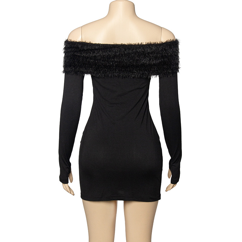 Solid Color Long Sleeve Off-Shoulder Mini Dress with Faux Fur Trim