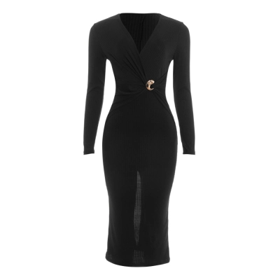 Solid Color V-Neck Long Sleeve Fitted Midi Dress with Decorative Buttons 01