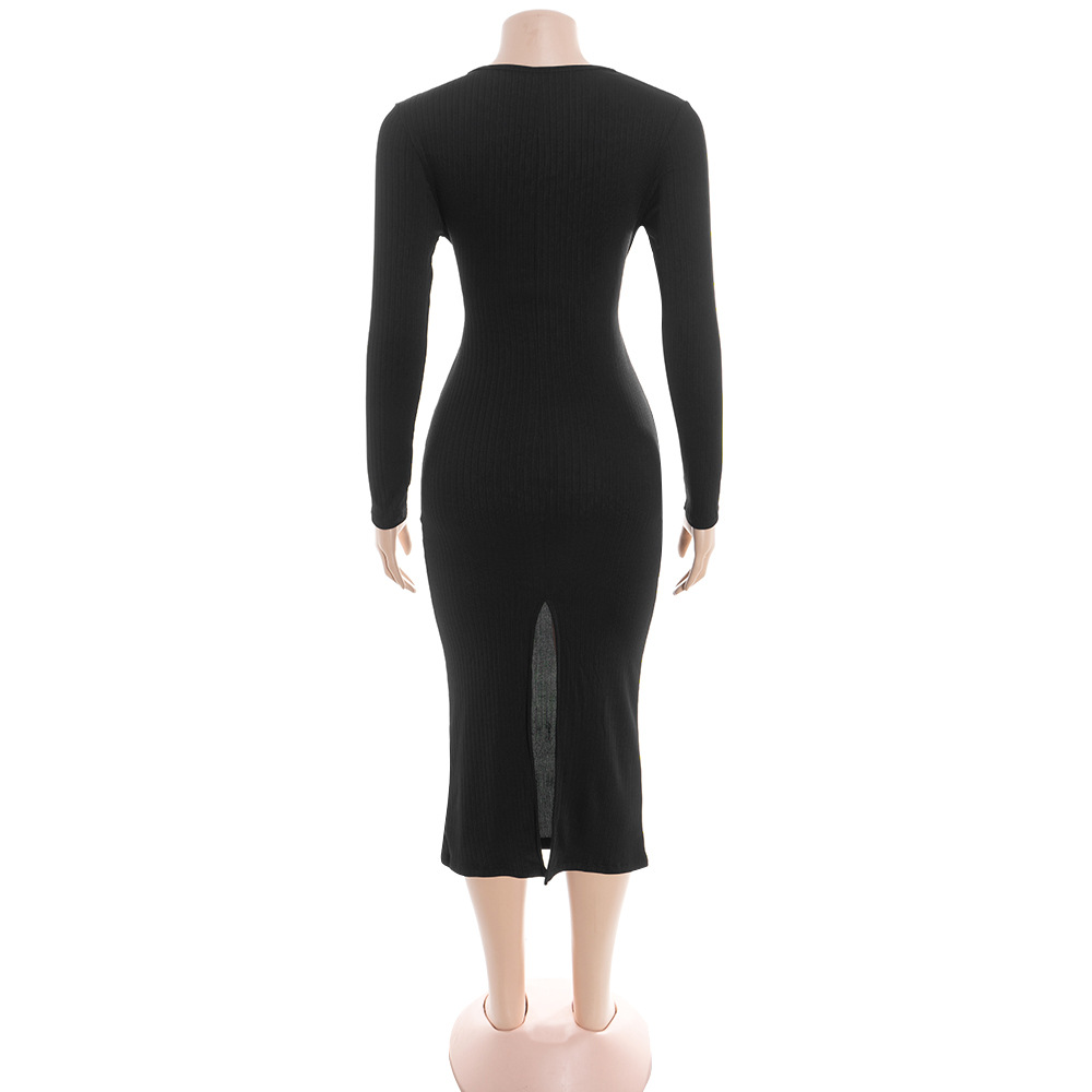 Solid Color V-Neck Long Sleeve Fitted Midi Dress with Decorative Buttons