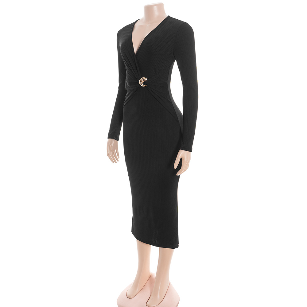 Solid Color V-Neck Long Sleeve Fitted Midi Dress with Decorative Buttons