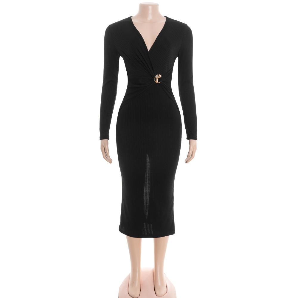 Solid Color V-Neck Long Sleeve Fitted Midi Dress with Decorative Buttons