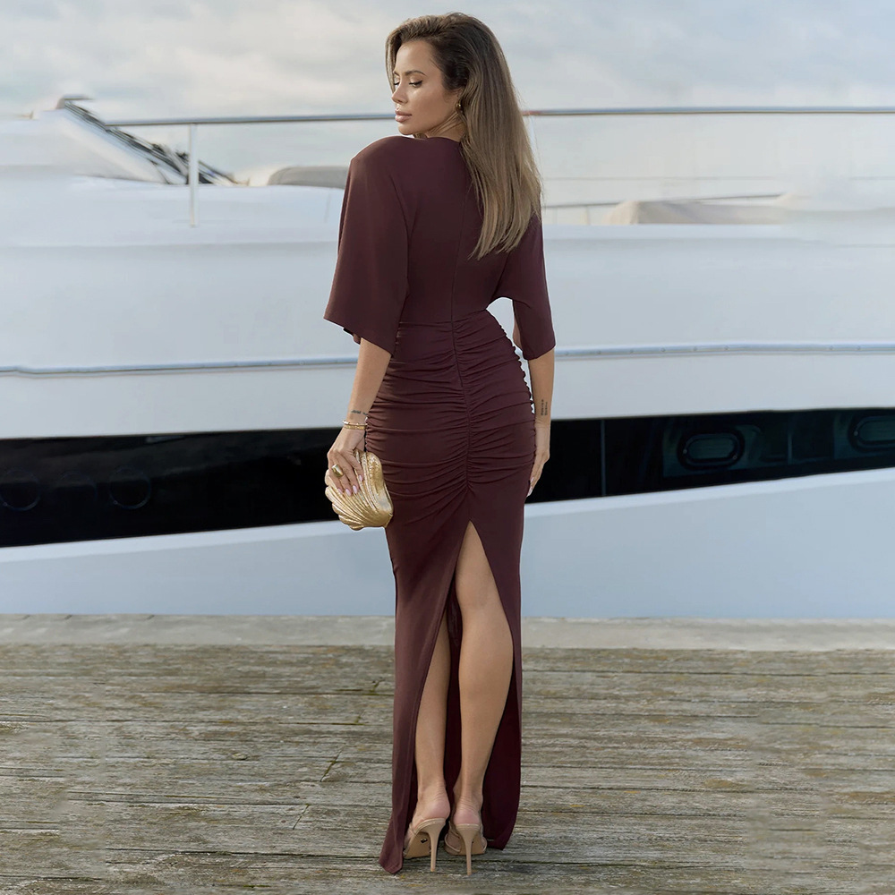 Solid Color Cowl Neck Low-Cut Midi/Maxi Dress with Cap Sleeves