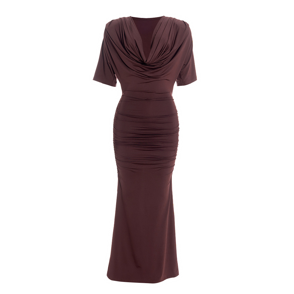 Solid Color Cowl Neck Low-Cut Midi/Maxi Dress with Cap Sleeves