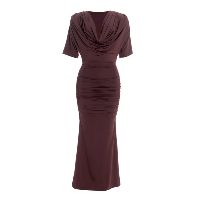 Solid Color Cowl Neck Low-Cut Midi/Maxi Dress with Cap Sleeves 01