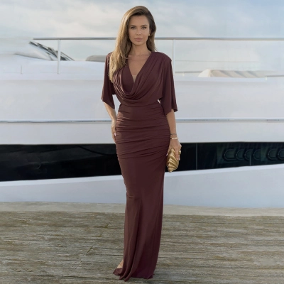 Solid Color Cowl Neck Low-Cut Midi/Maxi Dress with Cap Sleeves 02