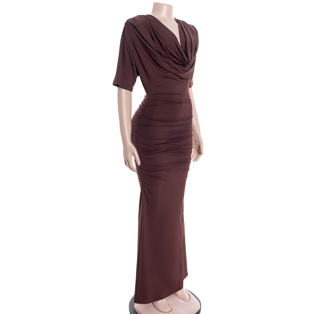 Solid Color Cowl Neck Low-Cut Midi/Maxi Dress with Cap Sleeves