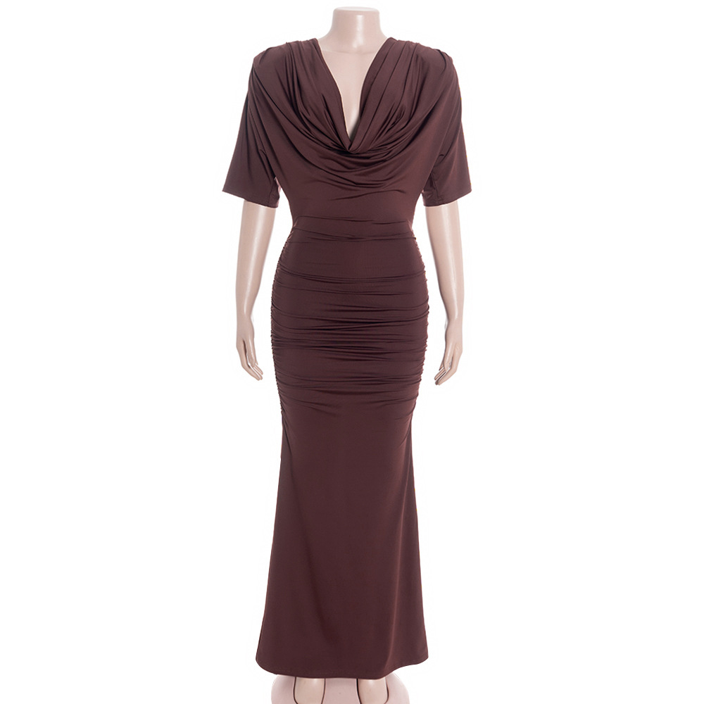 Solid Color Cowl Neck Low-Cut Midi/Maxi Dress with Cap Sleeves