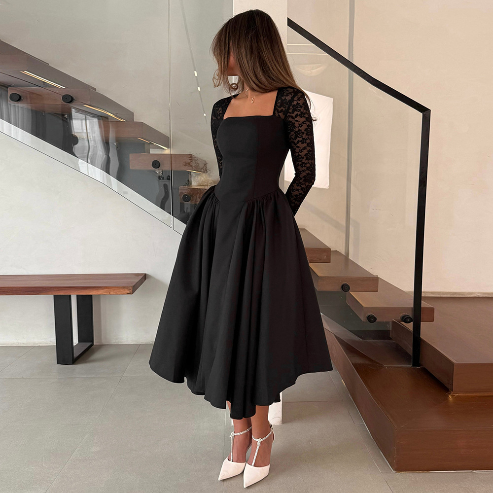 Solid Color Long Sleeve High-Waisted Midi Dress with French Lace Trim &amp; Functional Pockets
