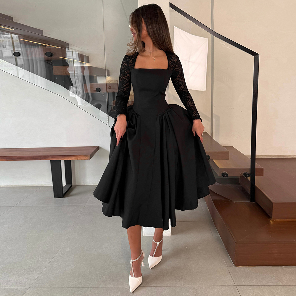 Solid Color Long Sleeve High-Waisted Midi Dress with French Lace Trim &amp; Functional Pockets